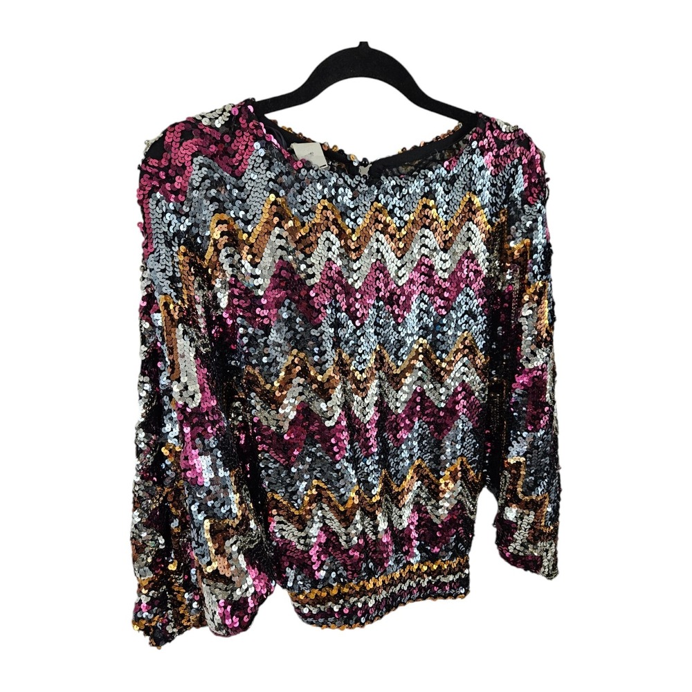 1970's Disco Sequin Blouse Top Shirt Zig Zag Size 10 Mob Wife Glam Party Vintage